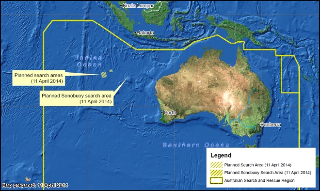 La mappa delle ricerche di oggi (tra Europa e Australia Occidentale c'è una differenza di 10 ore. Immagine via AMSA, Australian Maritime Safety Authority)