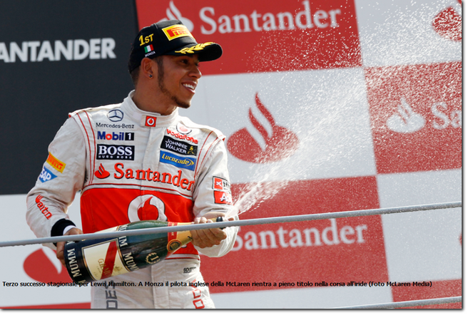 Terzo successo stagionale per Lewis Hamilton. A Monza il pilota inglese della McLaren rientra a pieno titolo nella corsa all'iride (Foto McLaren Media)